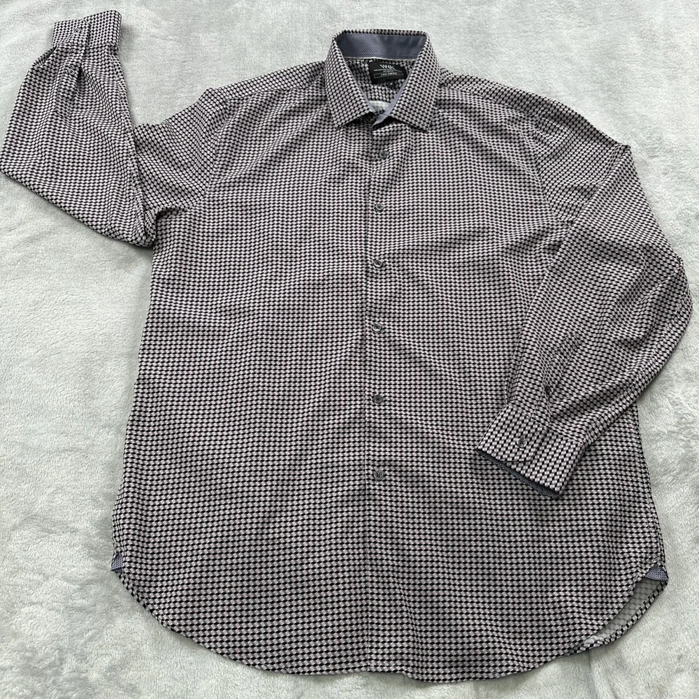 WRK 4‎ Way Stretch Long Sleeve Shirt Mens 18 Pink Black Geometric Print Stretch